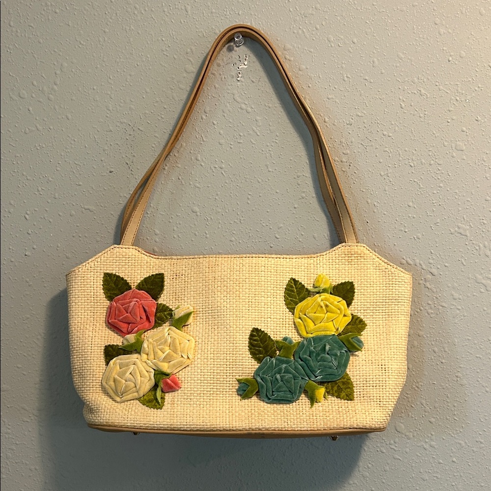 Vintage Fossil Forever Floral Appliqué Faux Straw Shoulder Bag - Picture 1 of 9